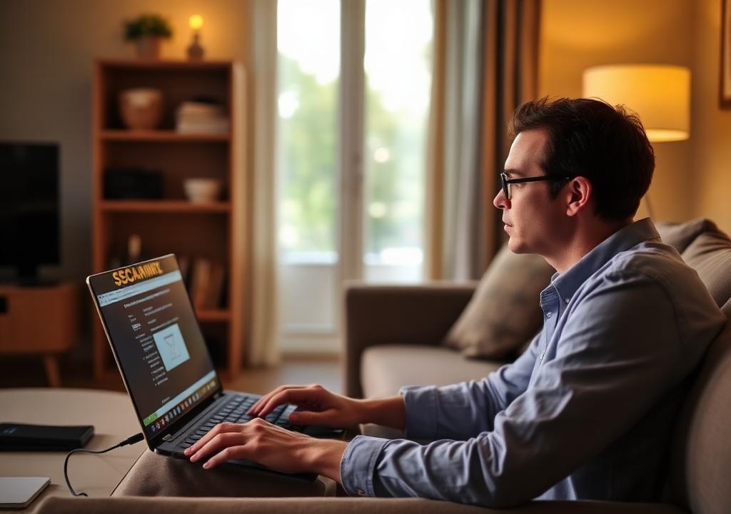 Person reviewing a suspicious message on a laptop at home